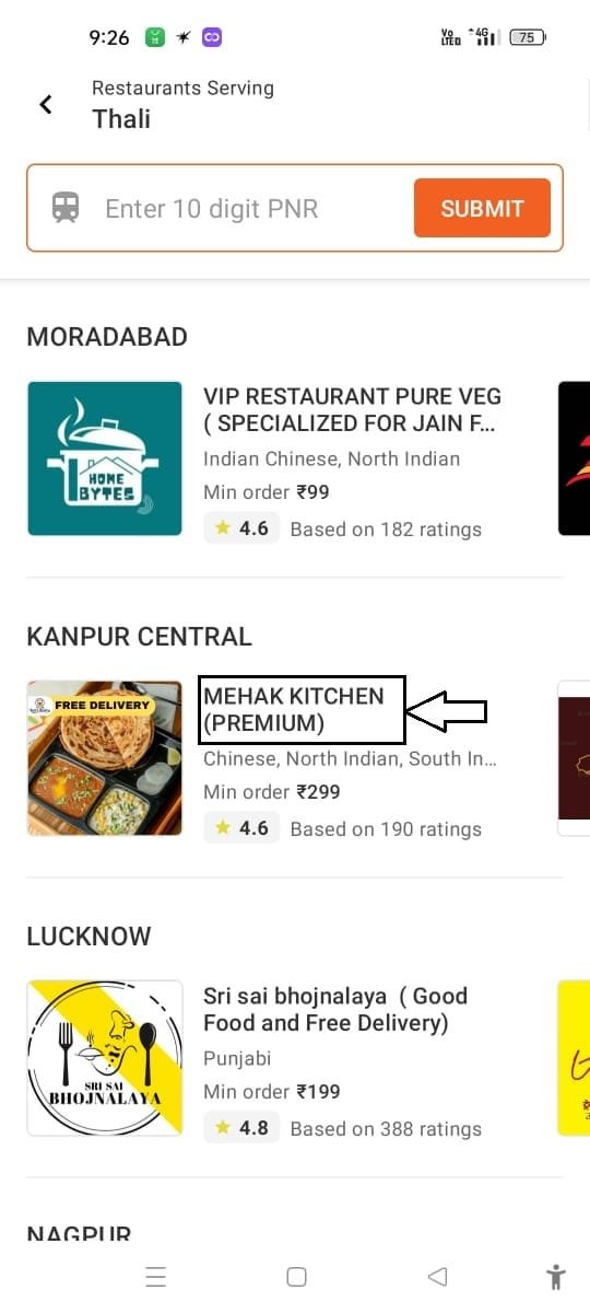 IRCTC app Food order