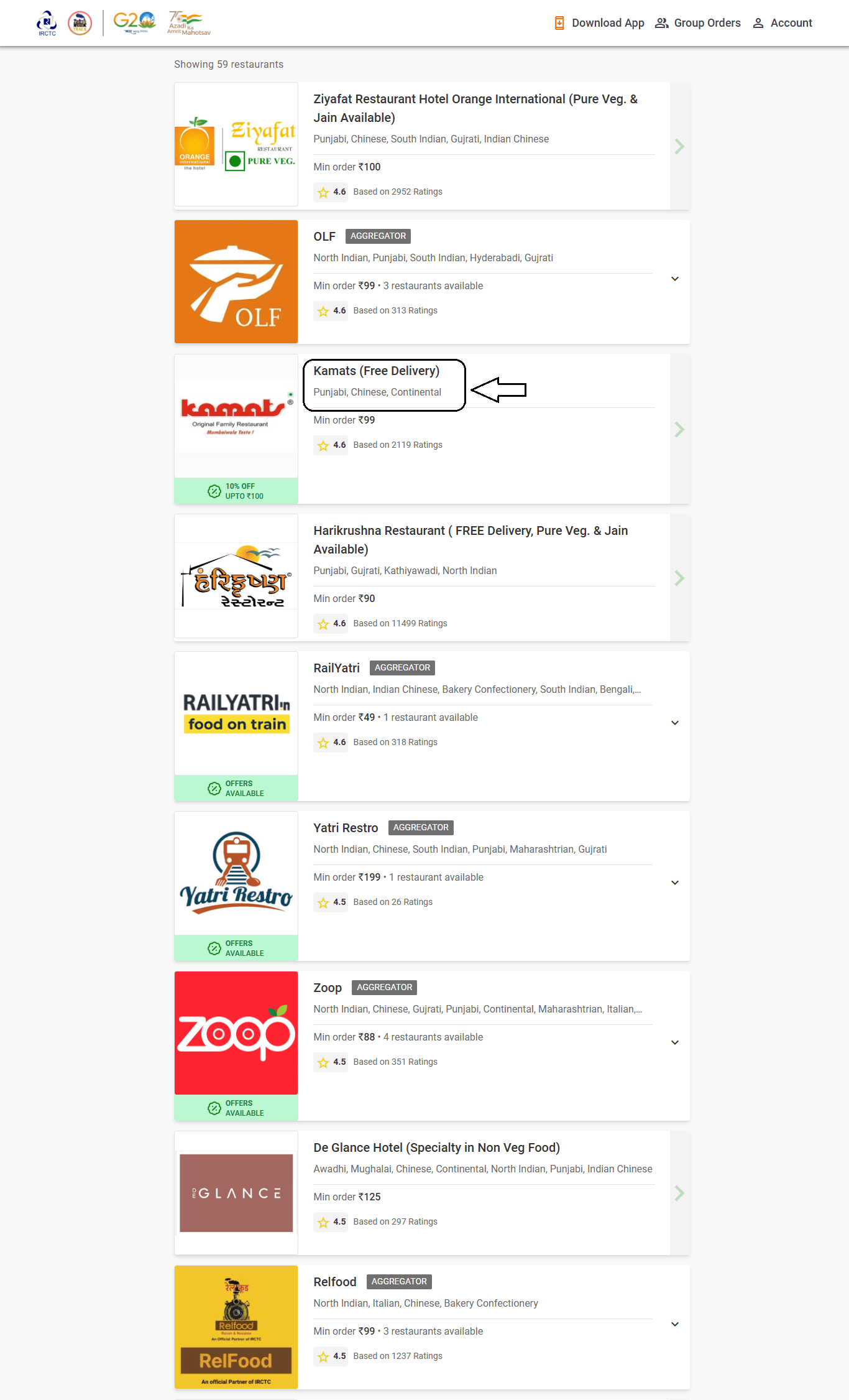 IRCTC Food order list